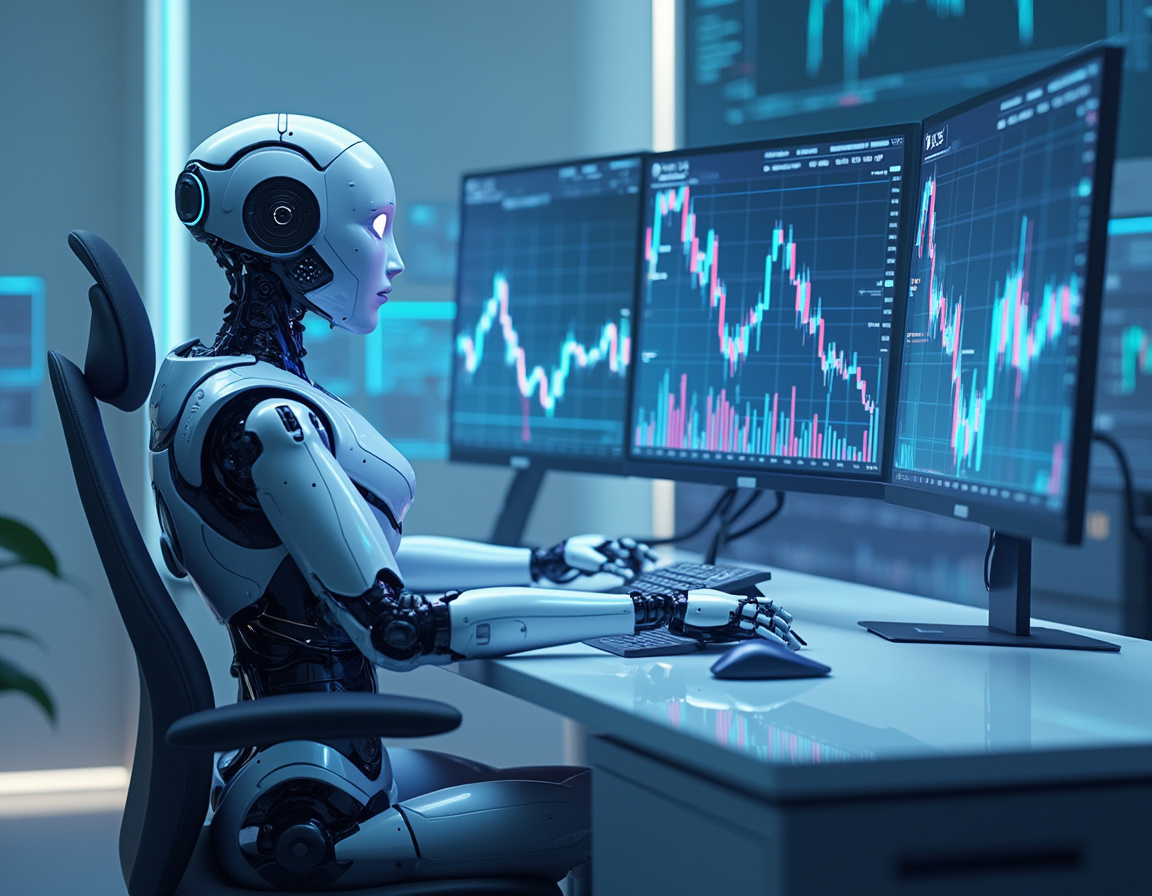 A hyper-realistic AI trading bot in a futuristic space, analyzing market data and executing trades.