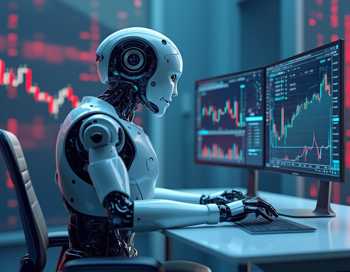 A detailed AI trading bot at a high-tech workstation, analyzing market data on multiple screens.