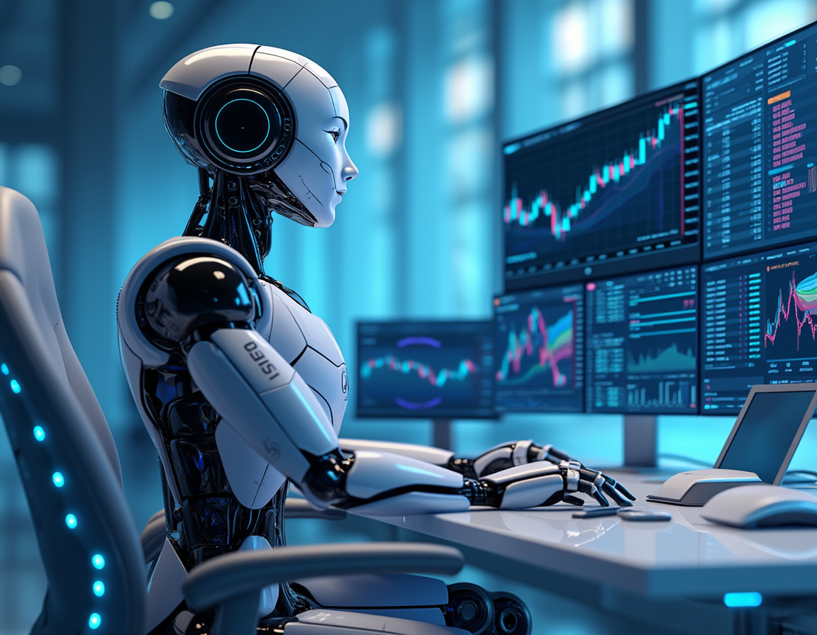 A humanoid AI trading bot analyzes market data at a high-tech workstation, surrounded by screens.