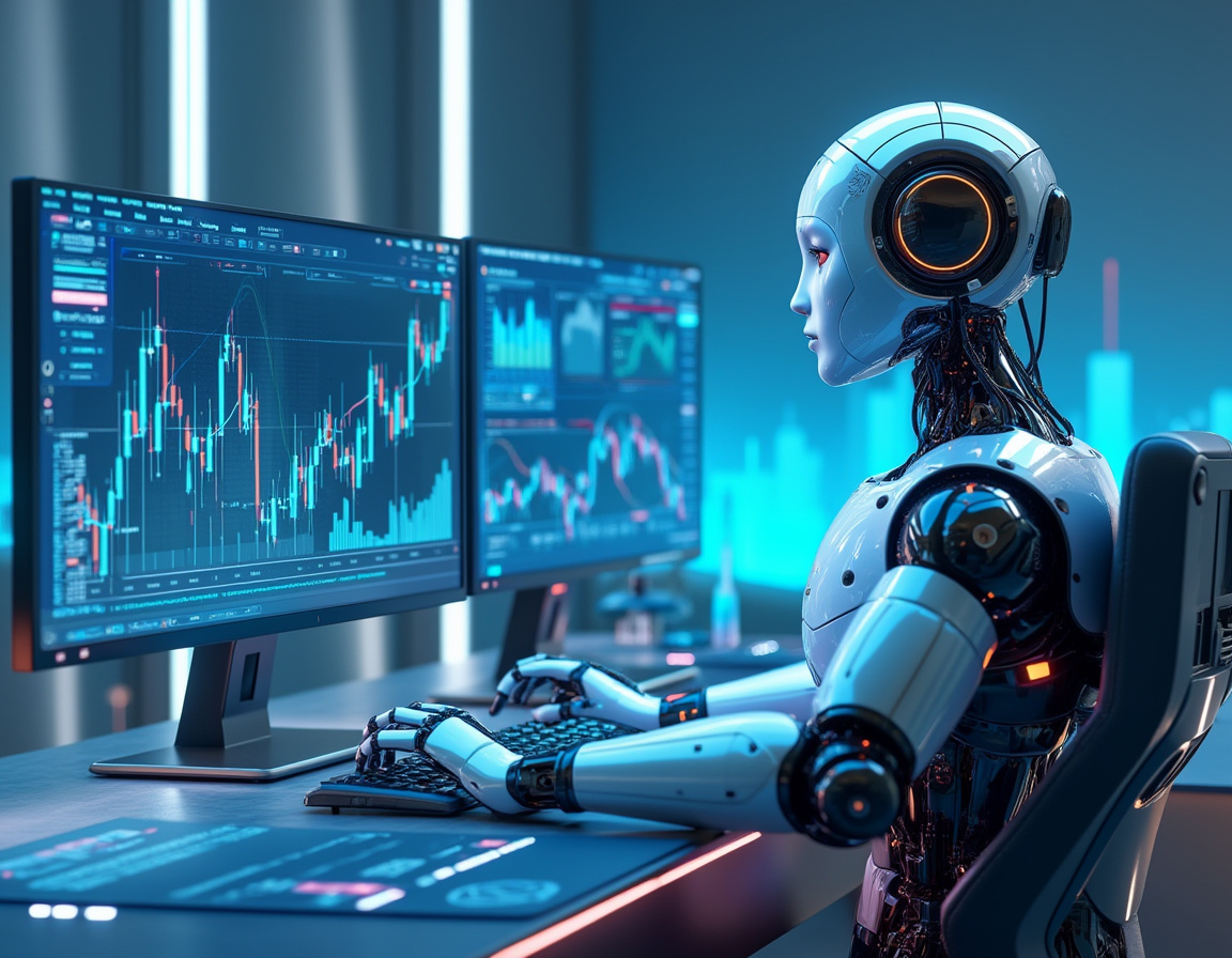 A humanoid AI trading bot at a high-tech workstation analyzing market data on multiple screens.