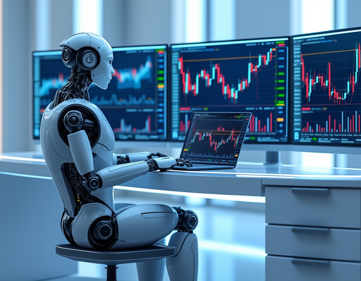 A hyper-realistic AI trading bot at a high-tech workstation, analyzing crypto and stock market data.
