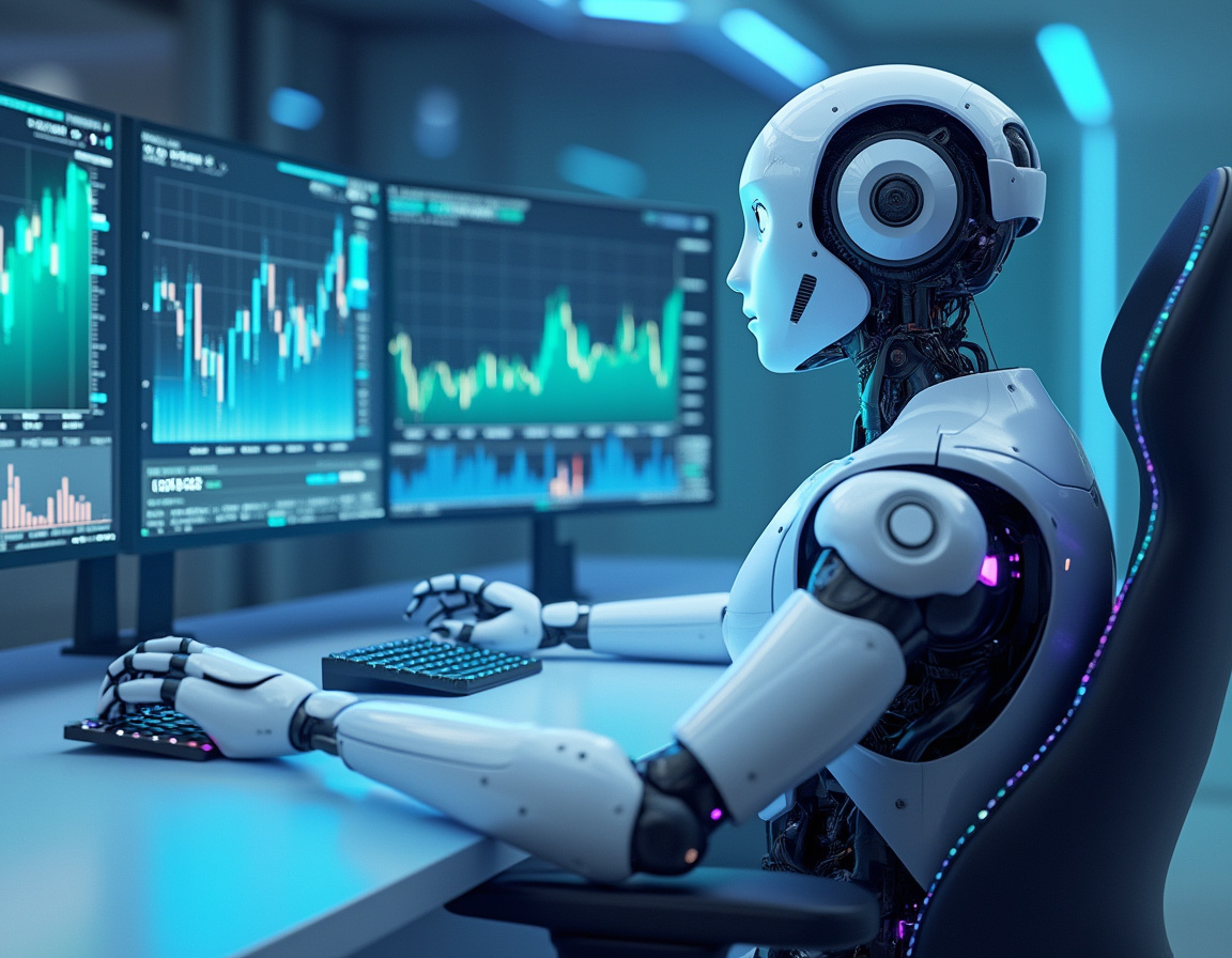 A humanoid AI trading bot analyzes market data at a high-tech workstation with multiple screens.