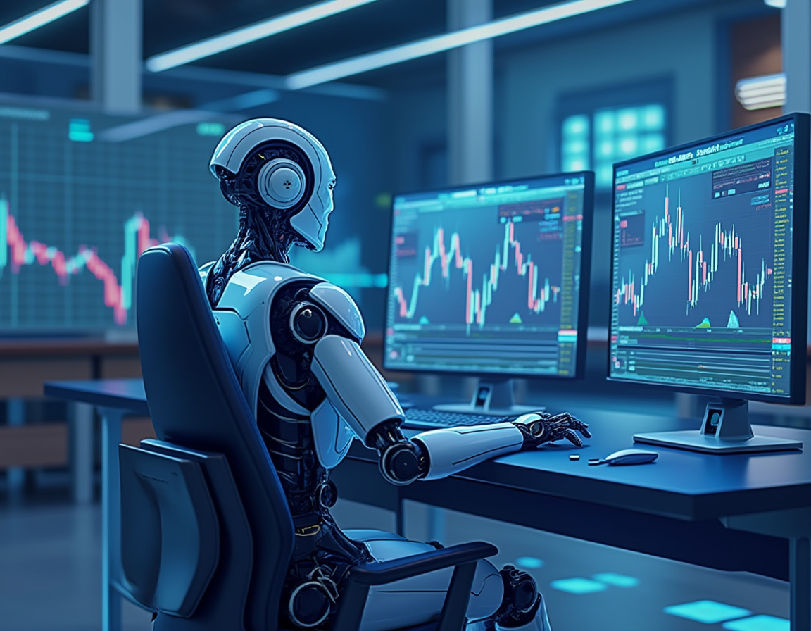 A humanoid AI trading bot at a workstation analyzes stock and crypto data across multiple screens.