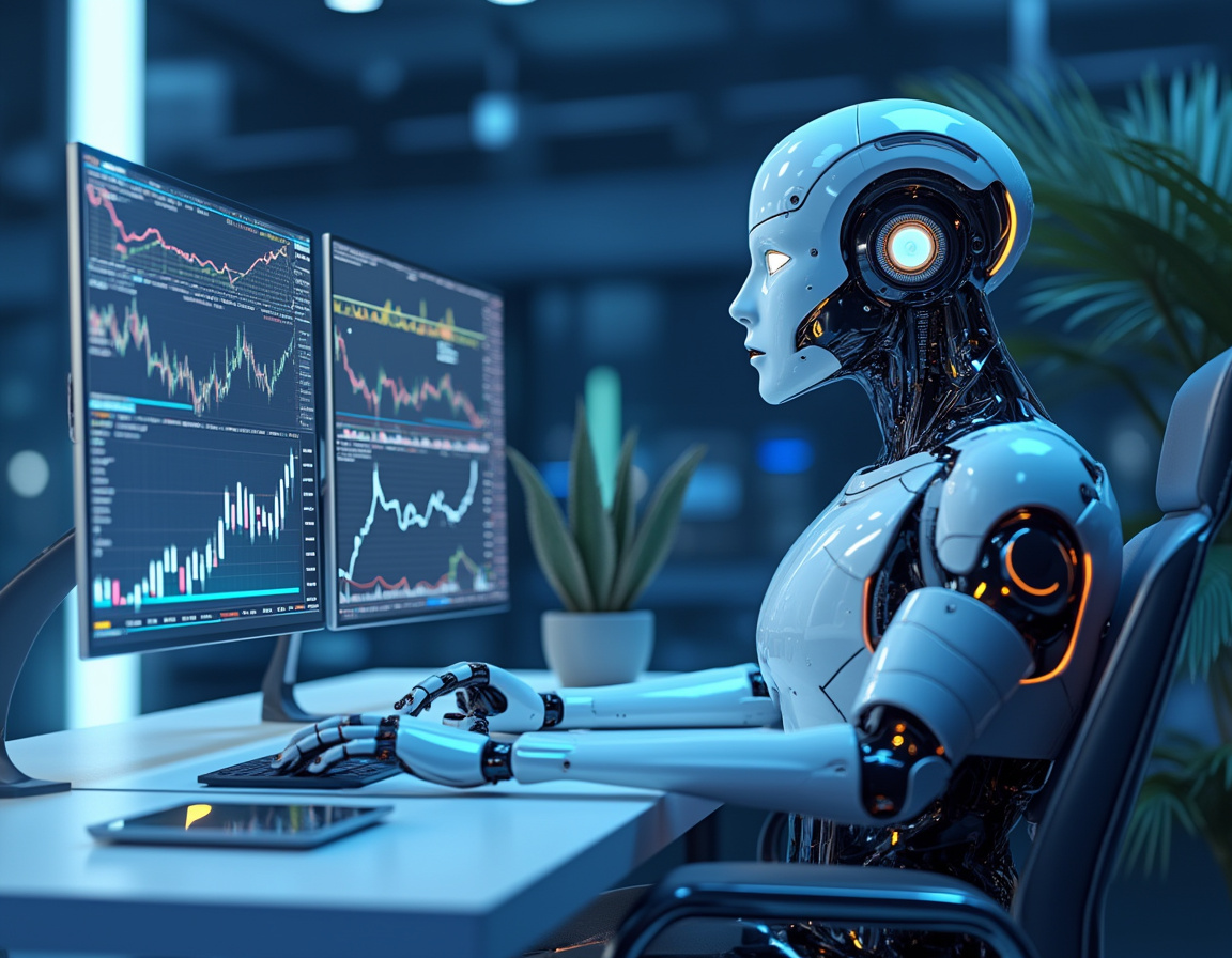 A humanoid AI trading bot analyzes market data at a high-tech workstation with multiple screens.