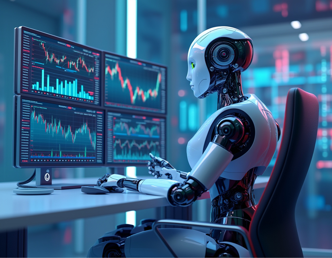 A hyper-realistic AI trading bot at a workstation, analyzing market data on multiple screens.