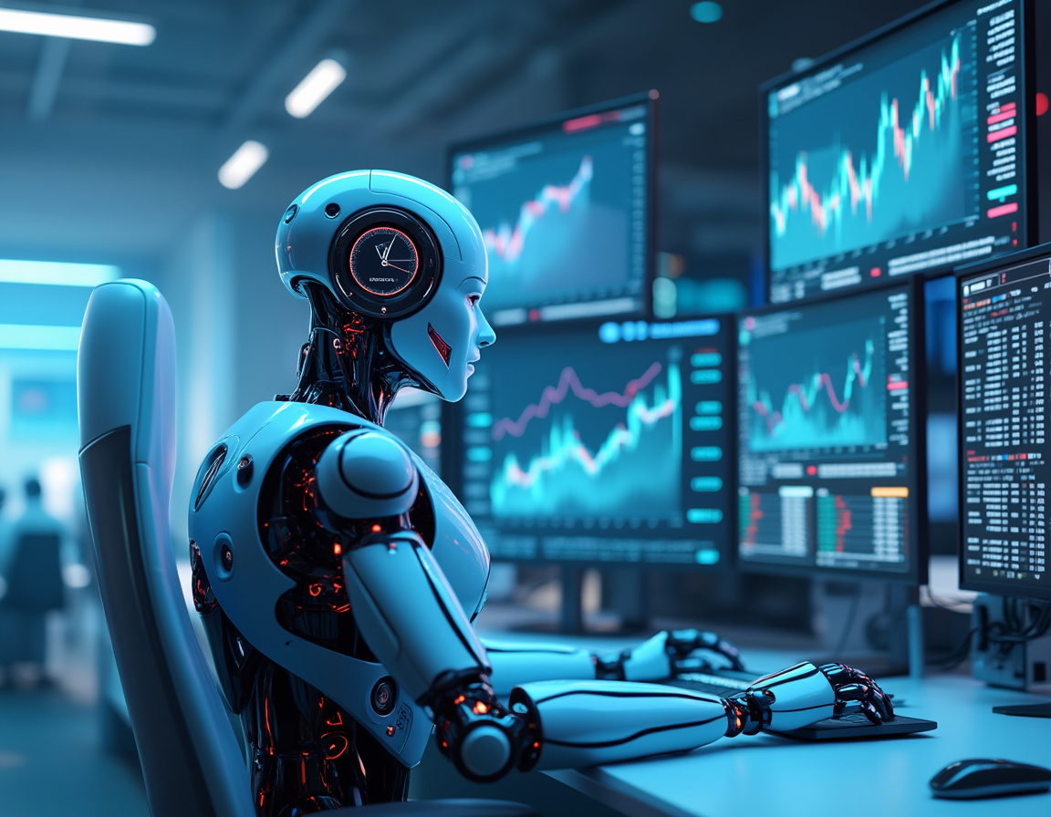 A hyper-realistic AI trading bot at a workstation, analyzing market data with multiple screens.