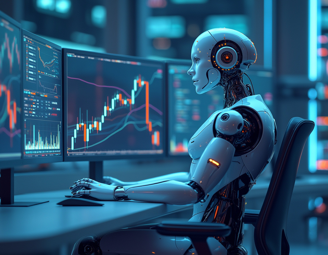 A humanoid AI trading bot at a high-tech workstation analyzing market data with multiple screens.