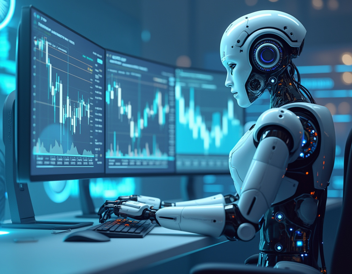 A humanoid AI trading bot analyzes market data at a high-tech workstation with multiple screens.
