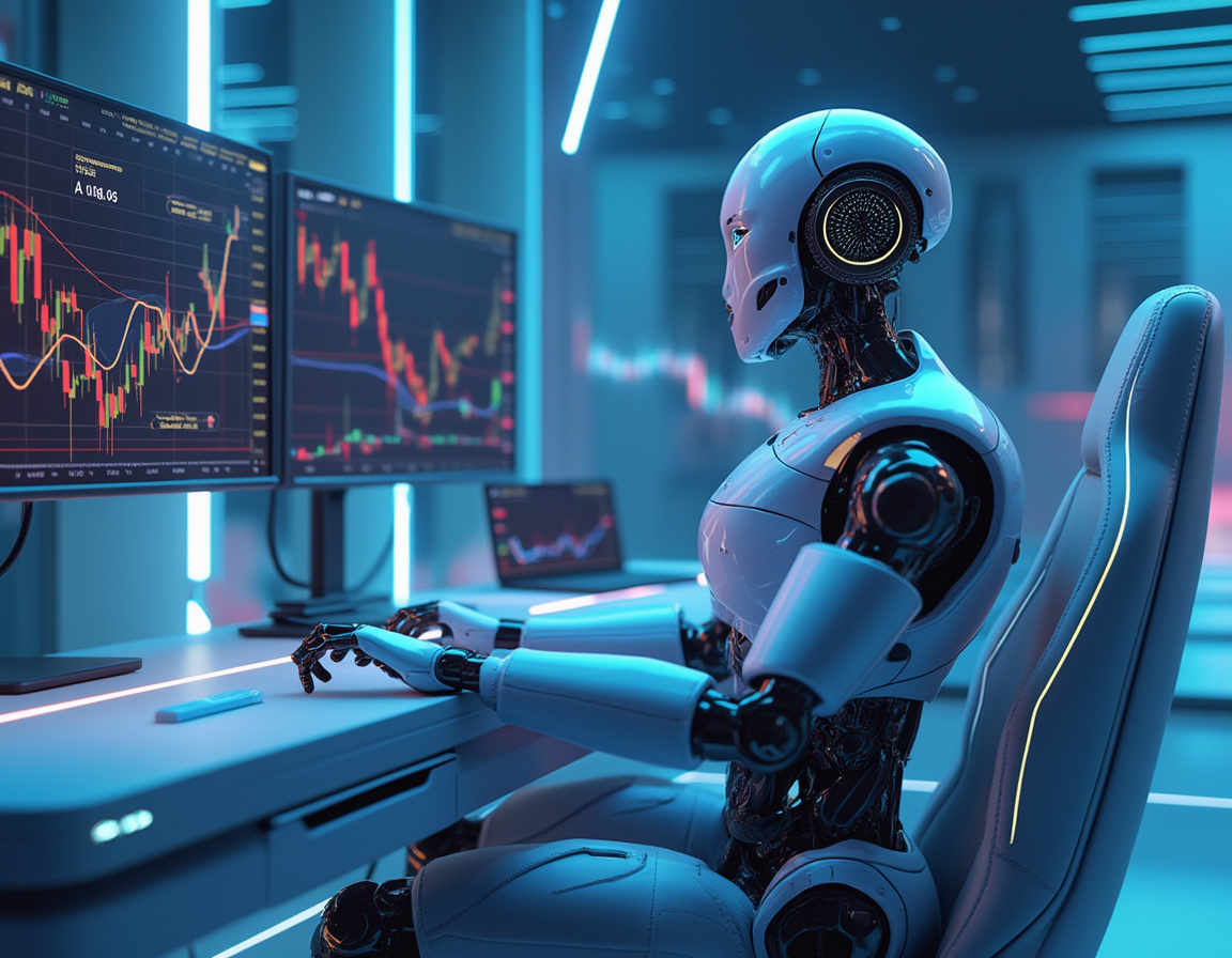 A hyper-realistic AI trading bot in a futuristic financial environment with market data screens.