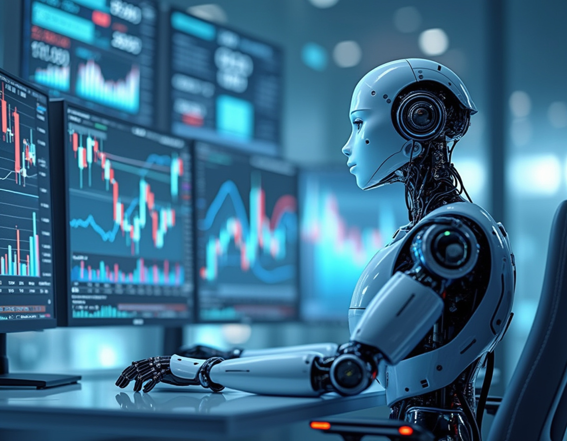 A humanoid AI trading bot analyzes market data at a high-tech workstation with futuristic screens.
