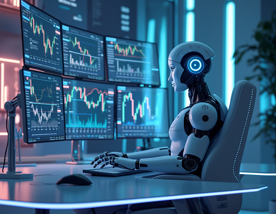A hyper-realistic AI trading bot in a futuristic workstation analyzing stock and crypto market data.