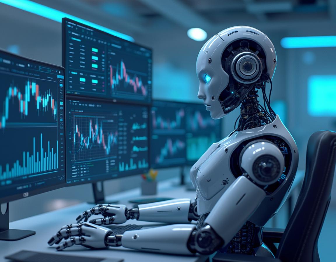 A hyper-realistic AI trading bot at a workstation analyzes market data on multiple screens.