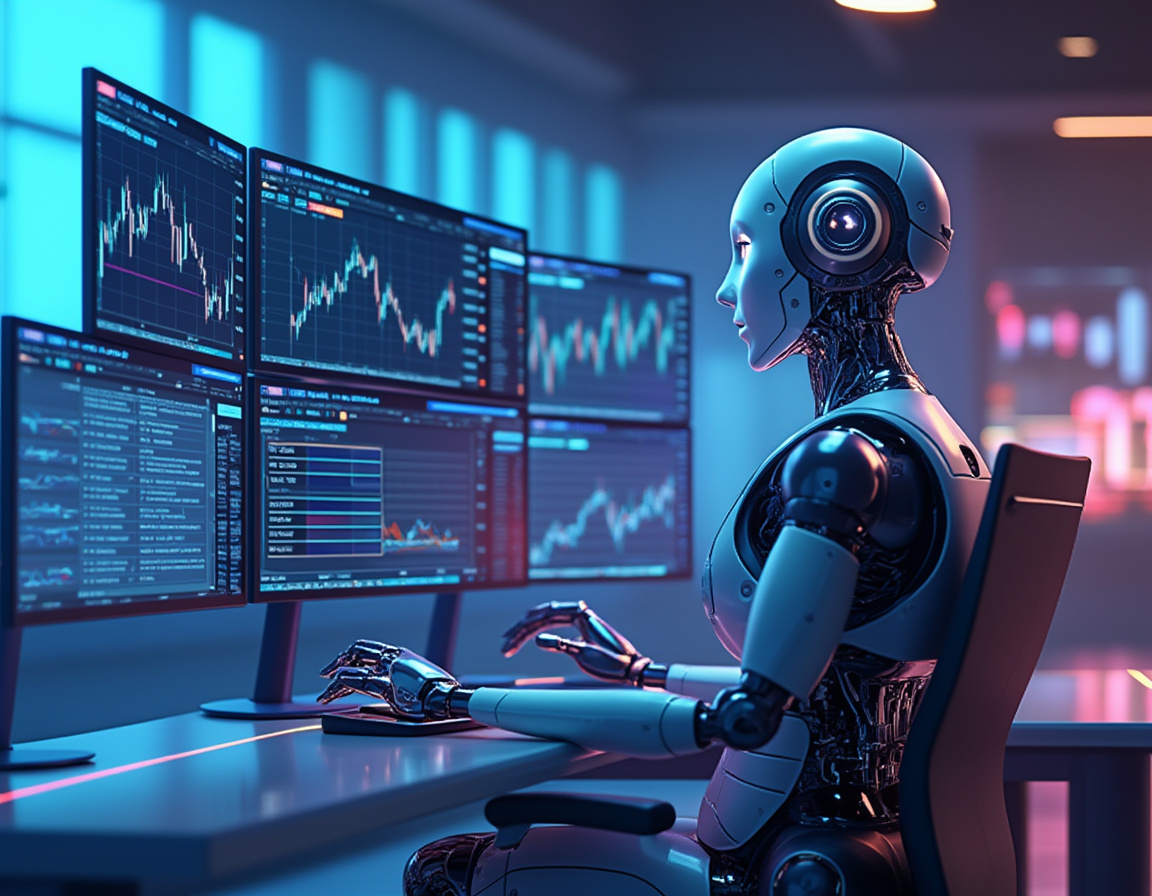 A humanoid AI trading bot at a high-tech workstation, analyzing market data on multiple screens.