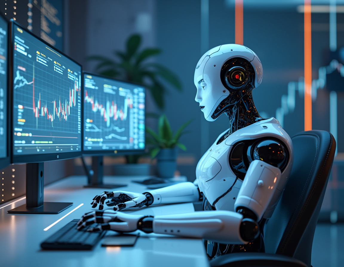 A hyper-realistic AI trading bot at a futuristic workstation analyzing stock and crypto market data.
