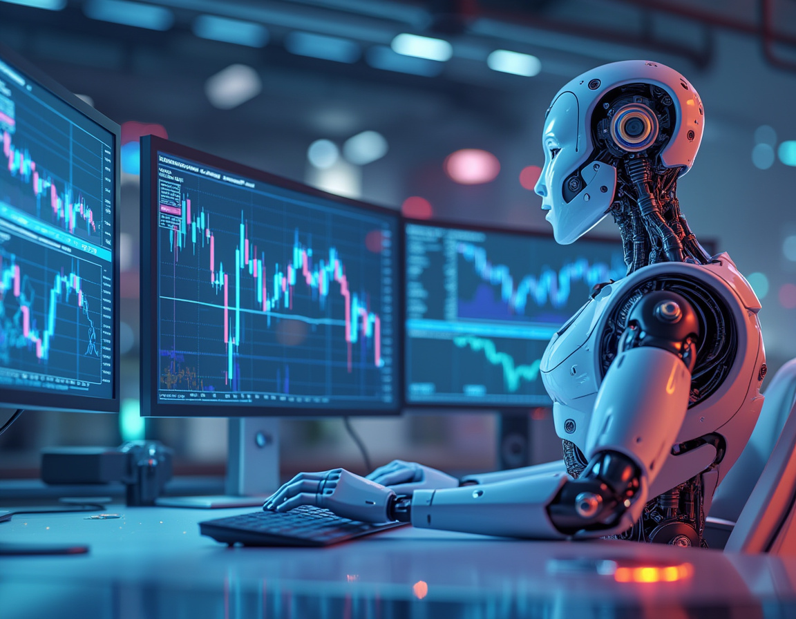 A humanoid AI trading bot analyzes market data across screens in a high-tech trading environment.