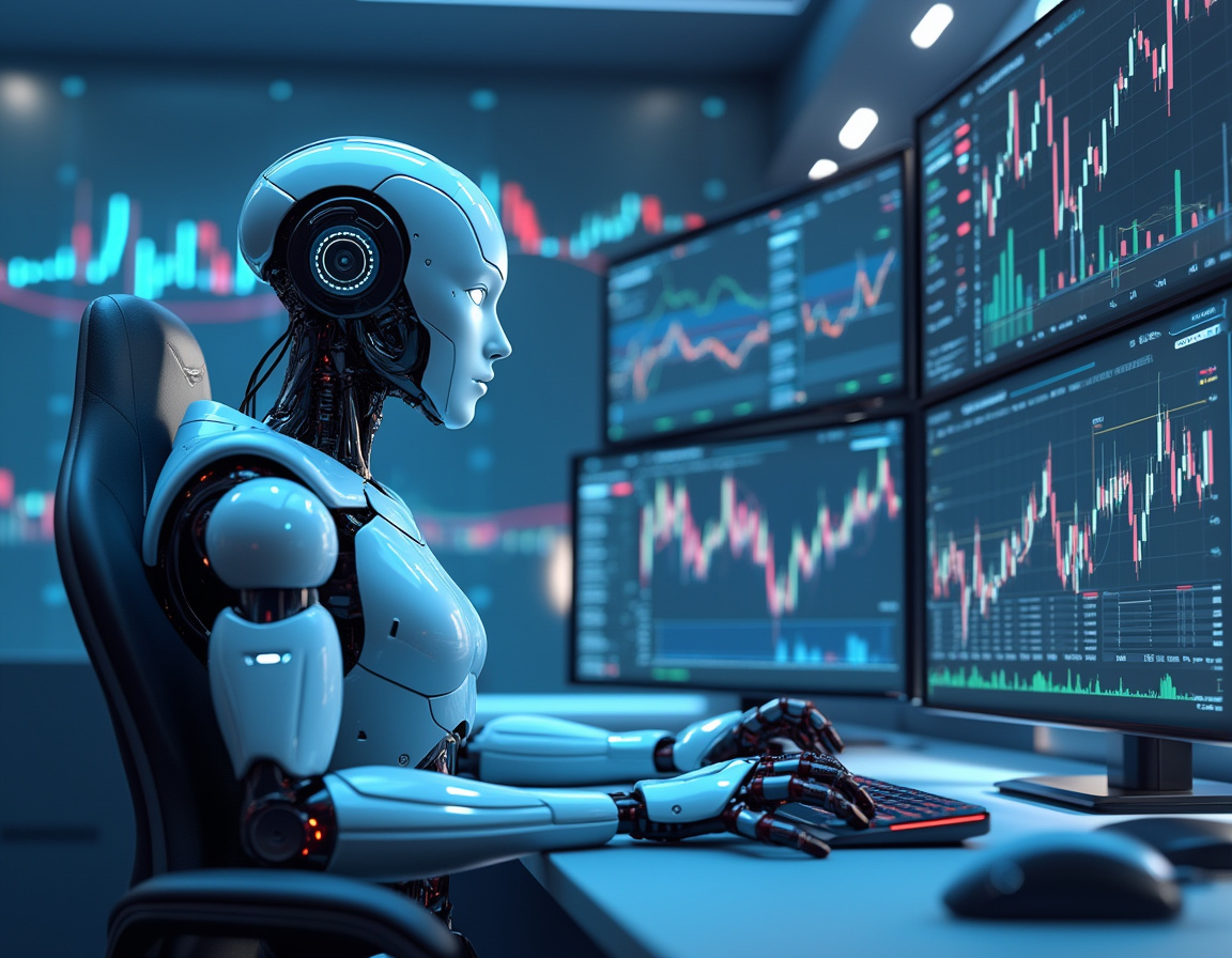 A hyper-realistic AI trading bot at a workstation, analyzing markets on multiple glowing screens.