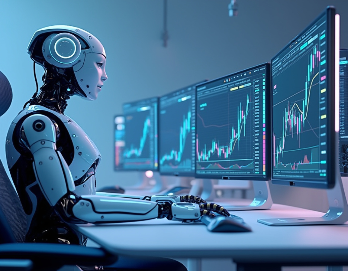 A humanoid AI trading bot analyzes data at a high-tech workstation with multiple trading screens.