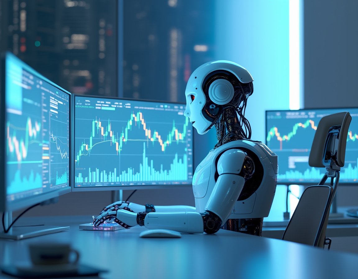 A hyper-realistic AI trading bot analyzes market data at a high-tech workstation, showing charts.