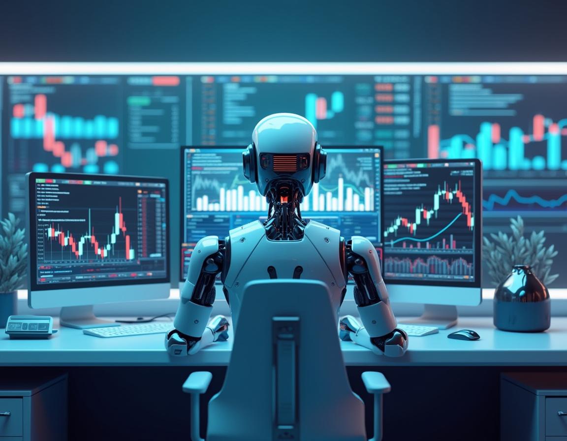 A hyper-realistic AI trading bot at a workstation, analyzing market data across multiple screens.