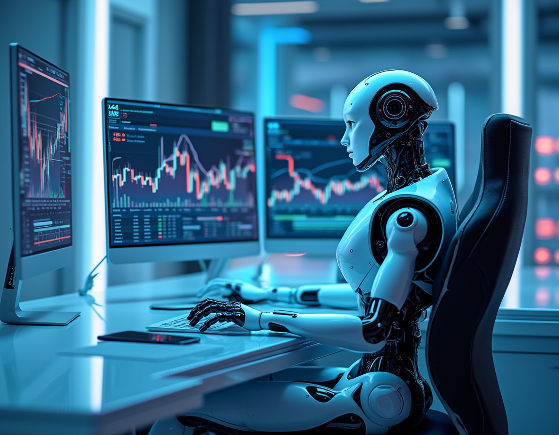 A humanoid AI trading bot analyzes market data at a futuristic workstation with glowing screens.