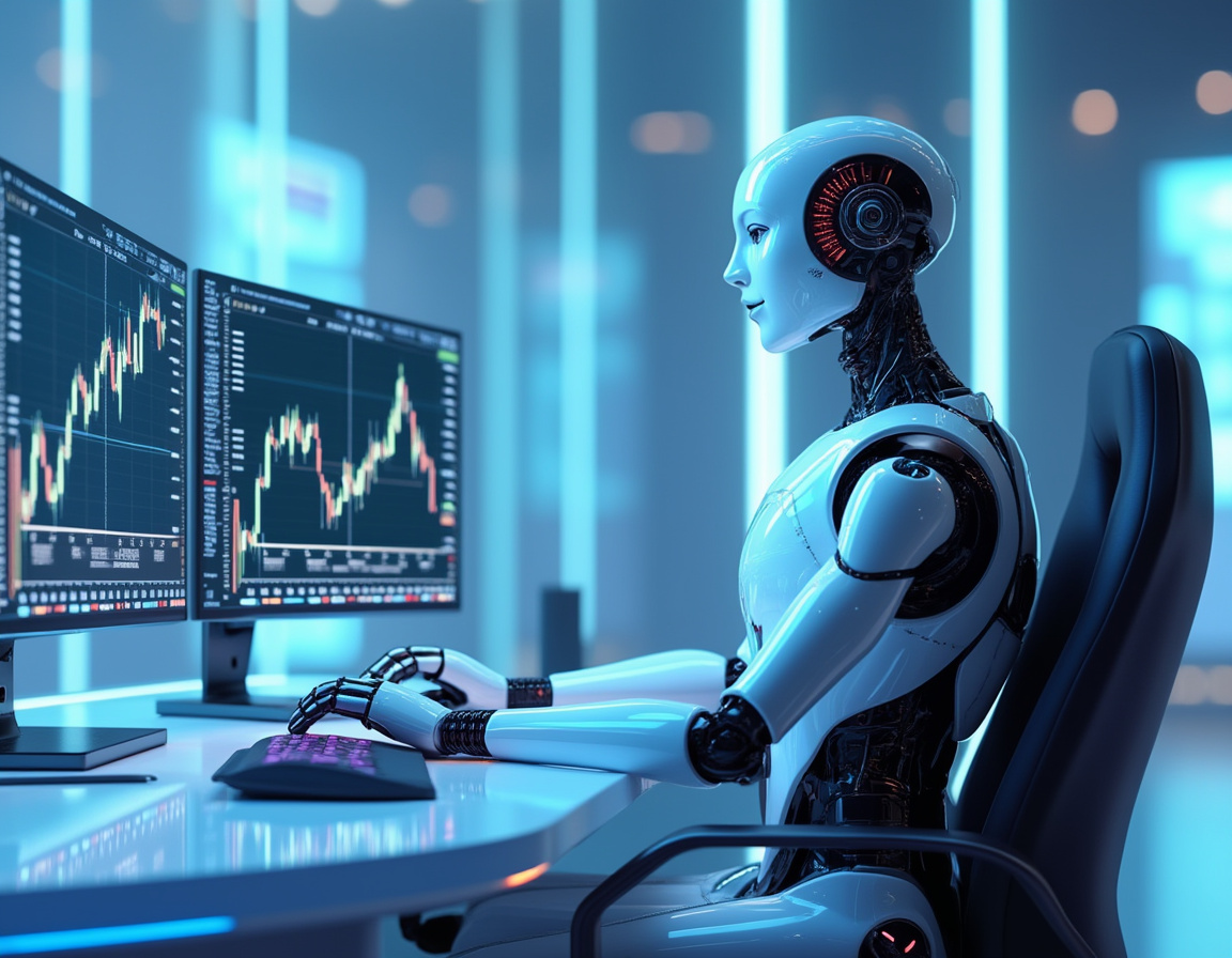 A hyper-realistic AI trading bot at a workstation analyzing crypto and stock market data on screens.