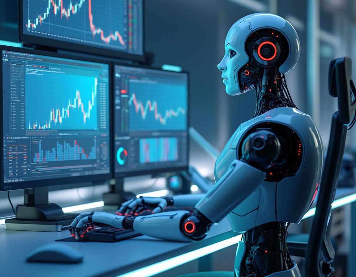 A hyper-realistic AI trading bot at a sleek workstation analyzing market data on multiple screens.