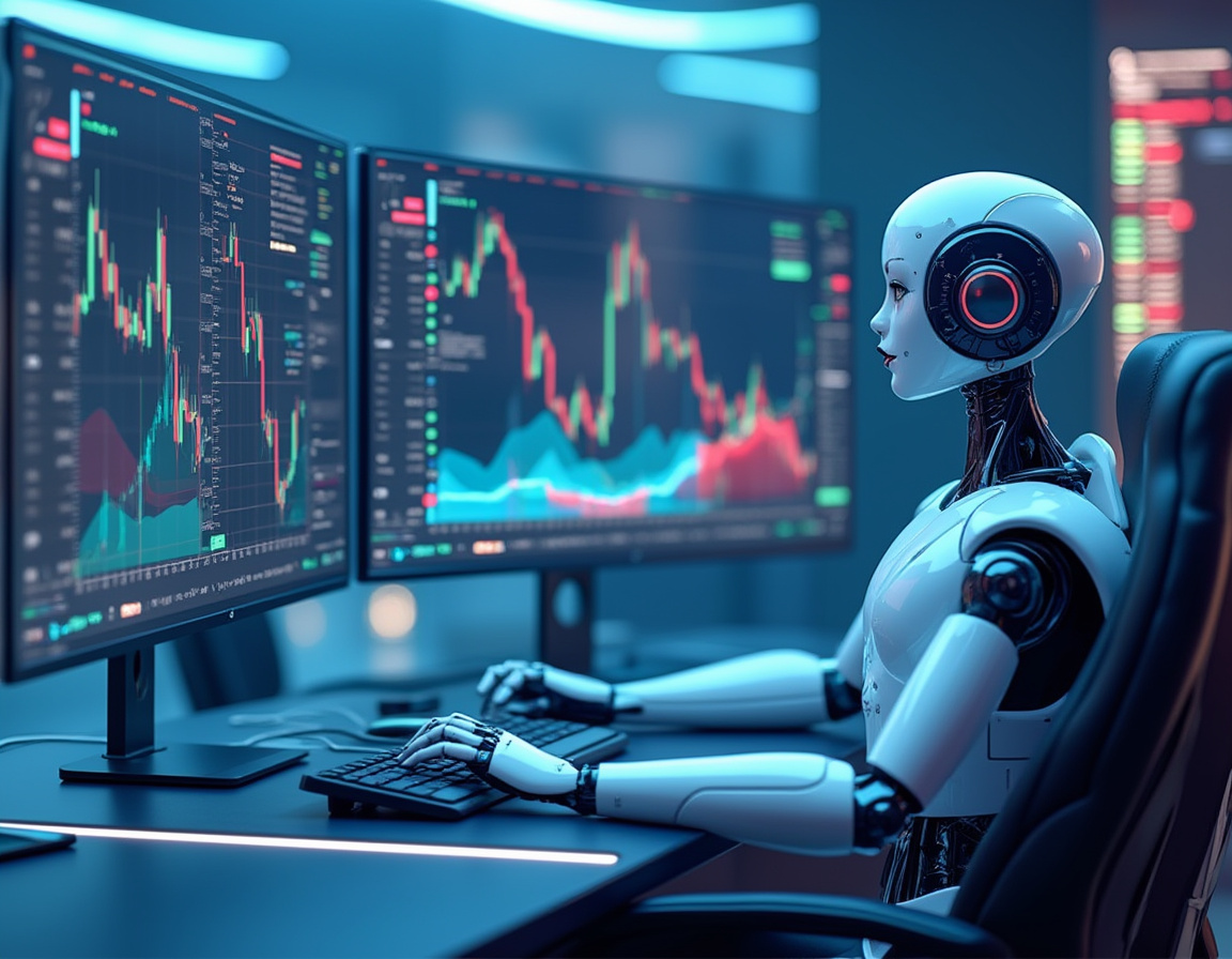 A humanoid AI trading bot at a high-tech workstation, analyzing market data on multiple screens.