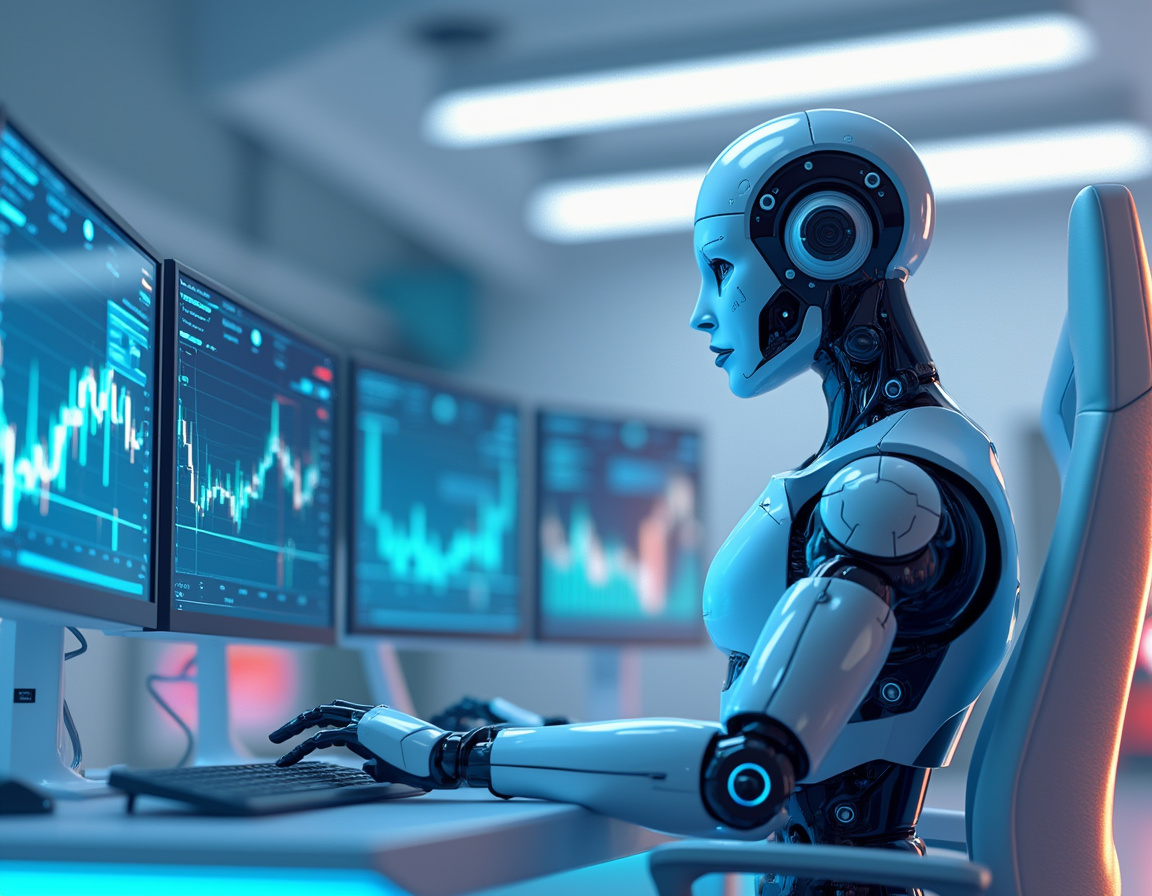 A hyper-realistic AI trading bot in a futuristic setting, analyzing market data on multiple screens.