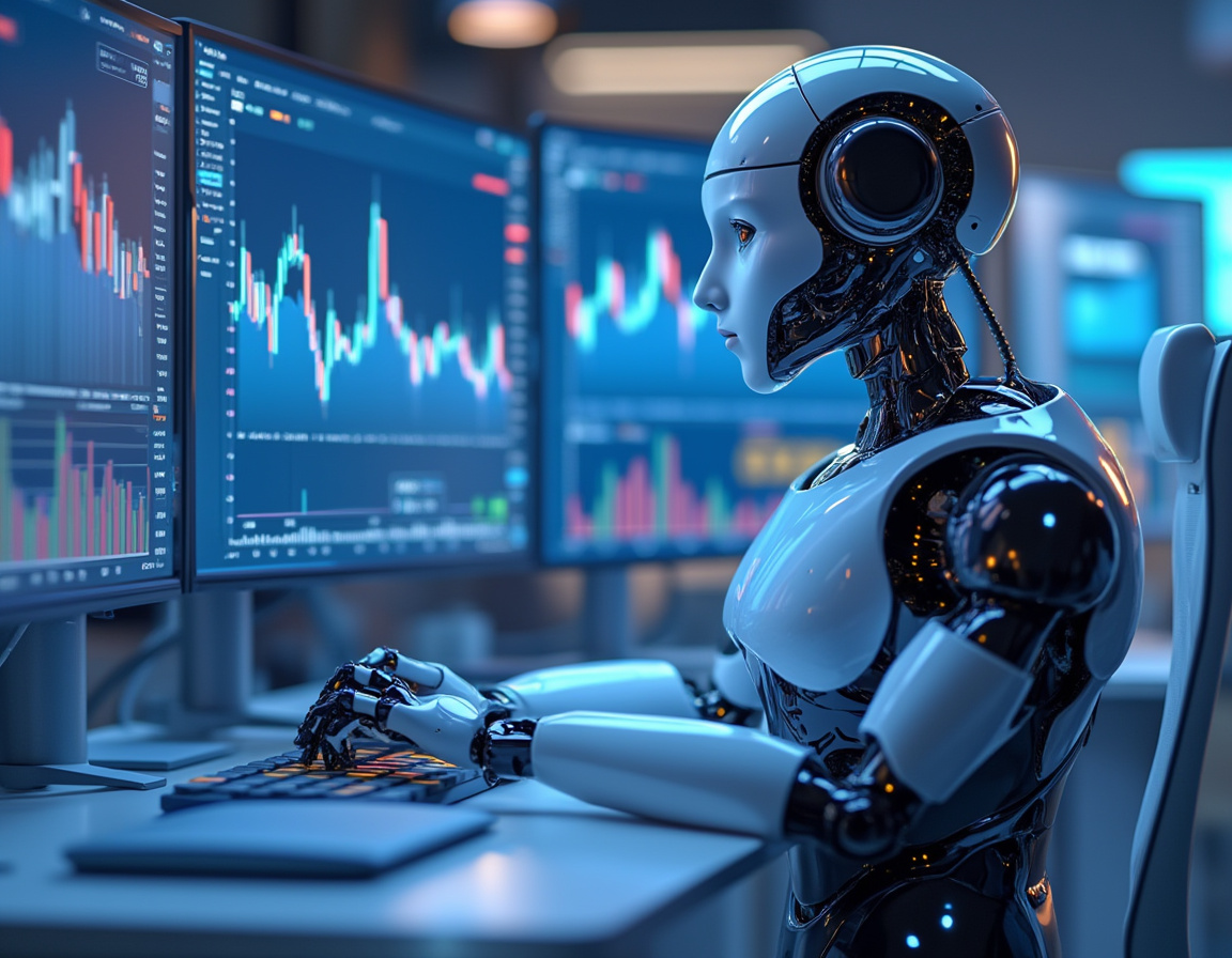 A humanoid AI trading bot analyzes market data at a high-tech workstation in a futuristic setting.