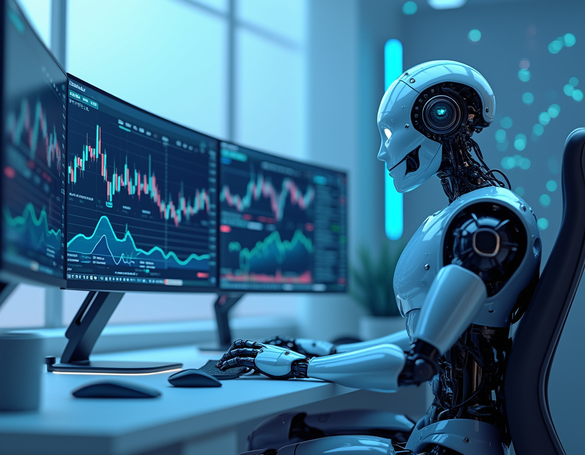 A hyper-realistic AI trading bot at a workstation analyzing market trends on multiple screens.