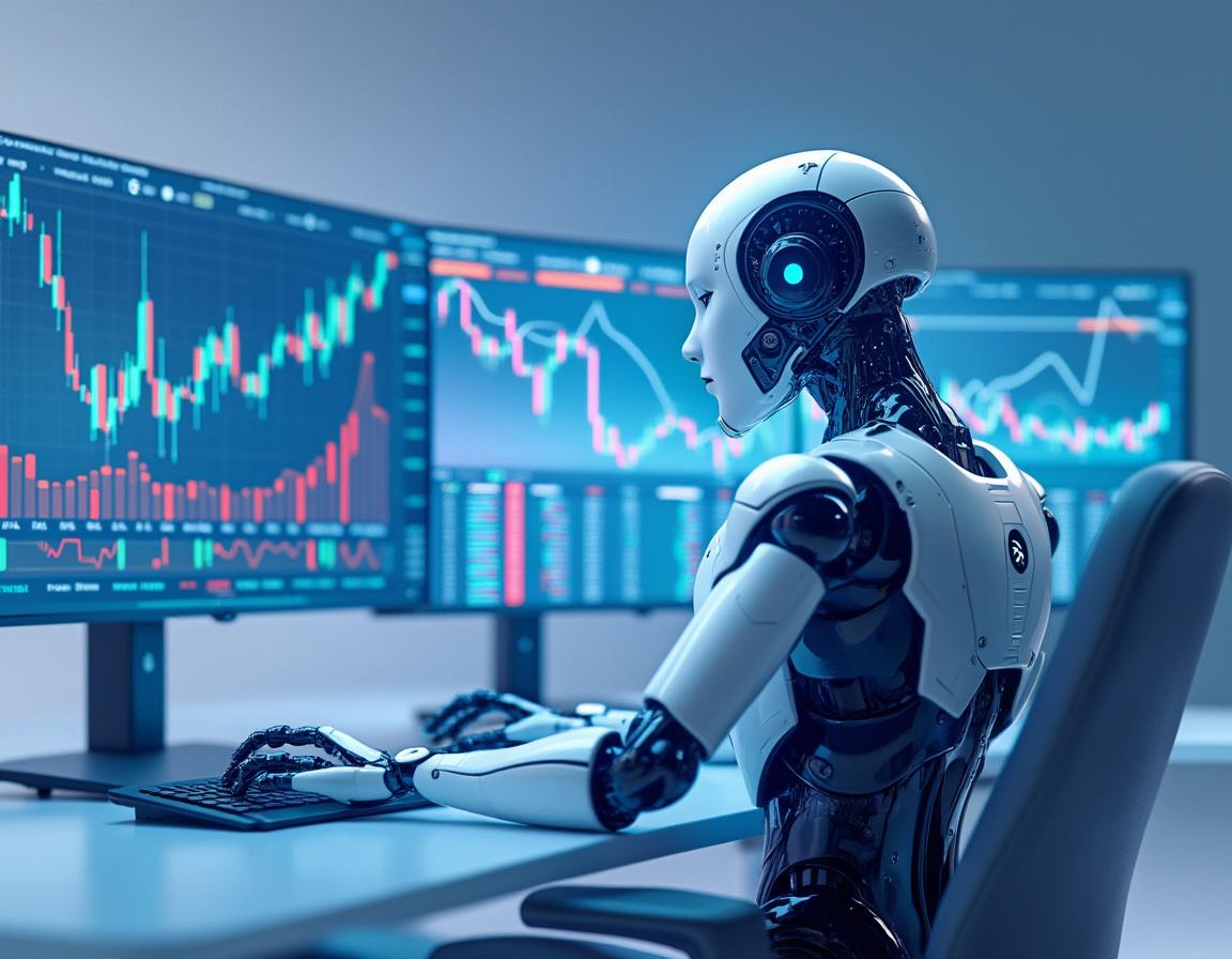 A hyper-realistic AI trading bot analyzes market data on multiple screens in a futuristic workspace.