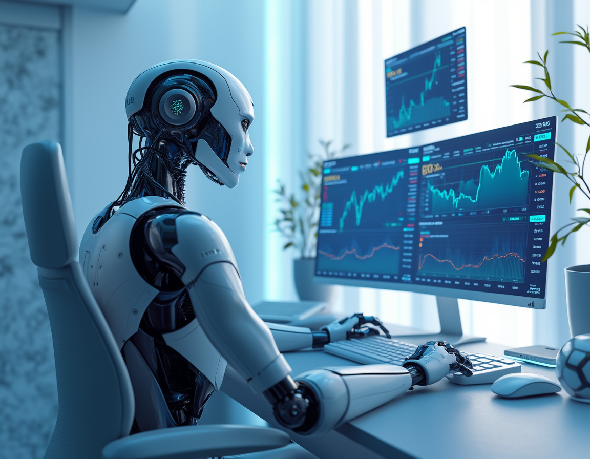 A hyper-realistic AI trading bot at a high-tech workstation analyzing crypto and stock market data.