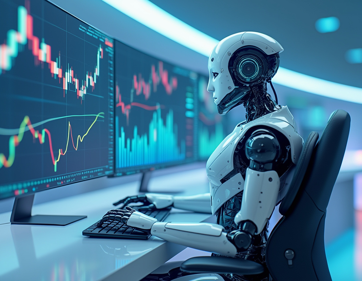 A humanoid AI trading bot at a workstation analyzing crypto and stock markets on multiple screens.