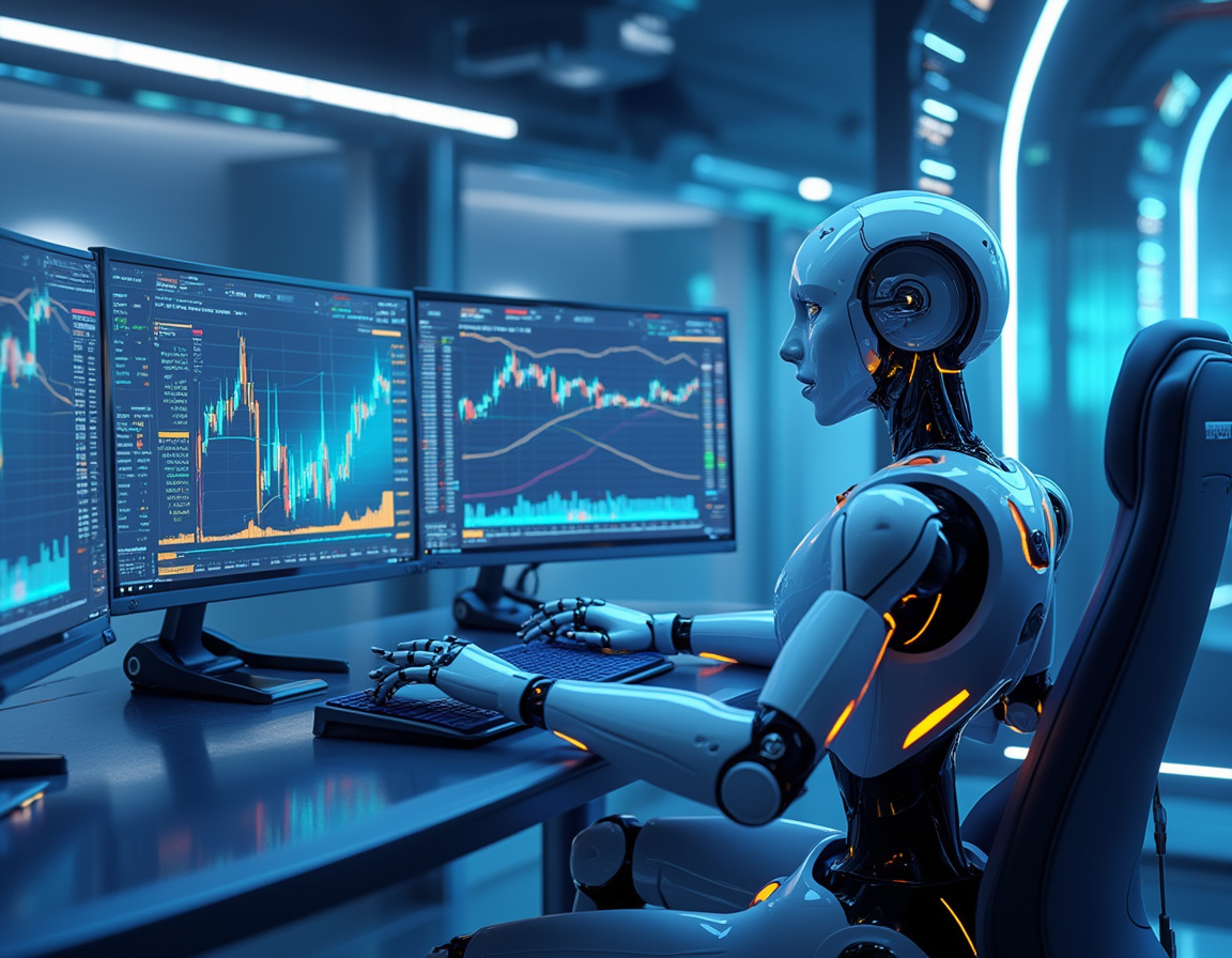 A humanoid AI trading bot sits at a high-tech workstation analyzing crypto and stock market data.