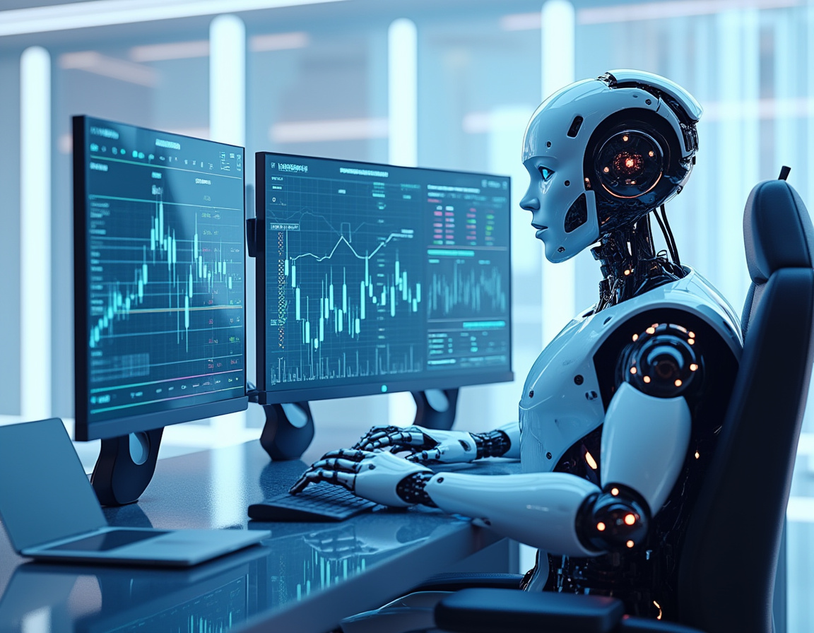 A sleek humanoid AI trading bot at a high-tech workstation analyzing crypto and stock market data.
