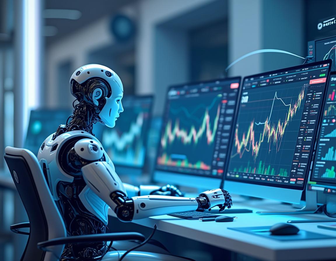 A hyper-realistic AI trading bot at a dynamic workstation, analyzing crypto and stock market data.