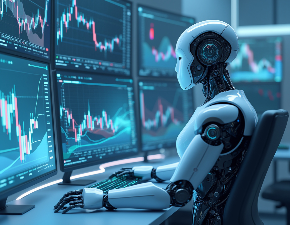 A humanoid AI trading bot analyzes market data at a high-tech workstation surrounded by screens.