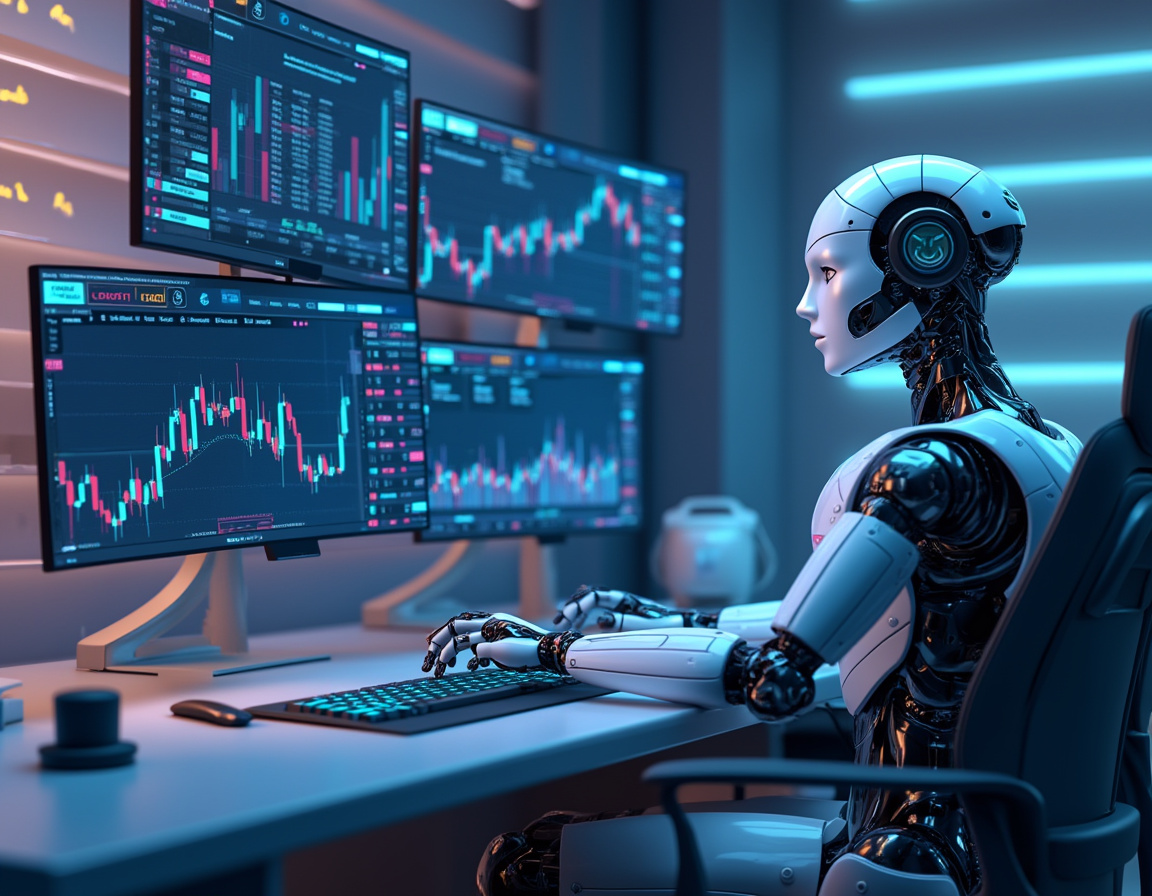 A hyper-realistic AI trading bot at a high-tech workstation analyzing stock and crypto market data.