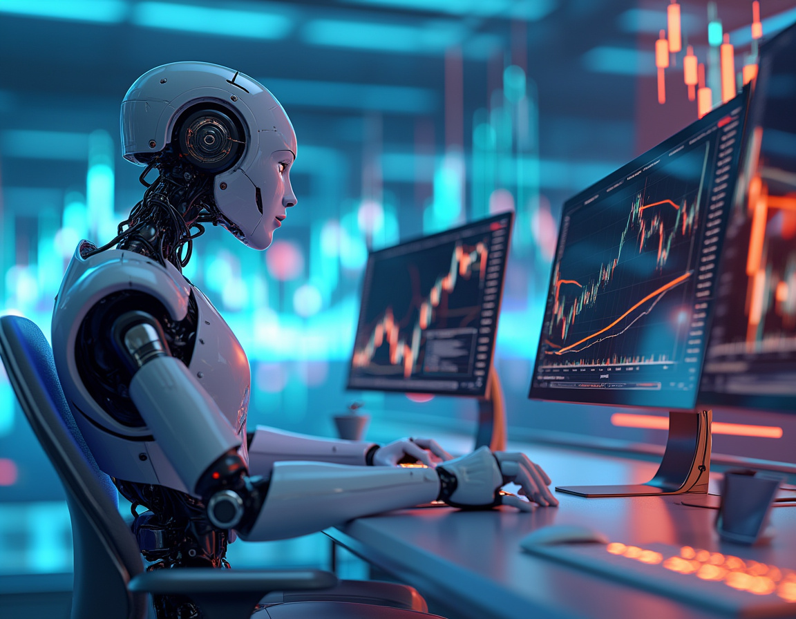 A hyper-realistic AI trading bot at a high-tech desk, analyzing market data on multiple screens.