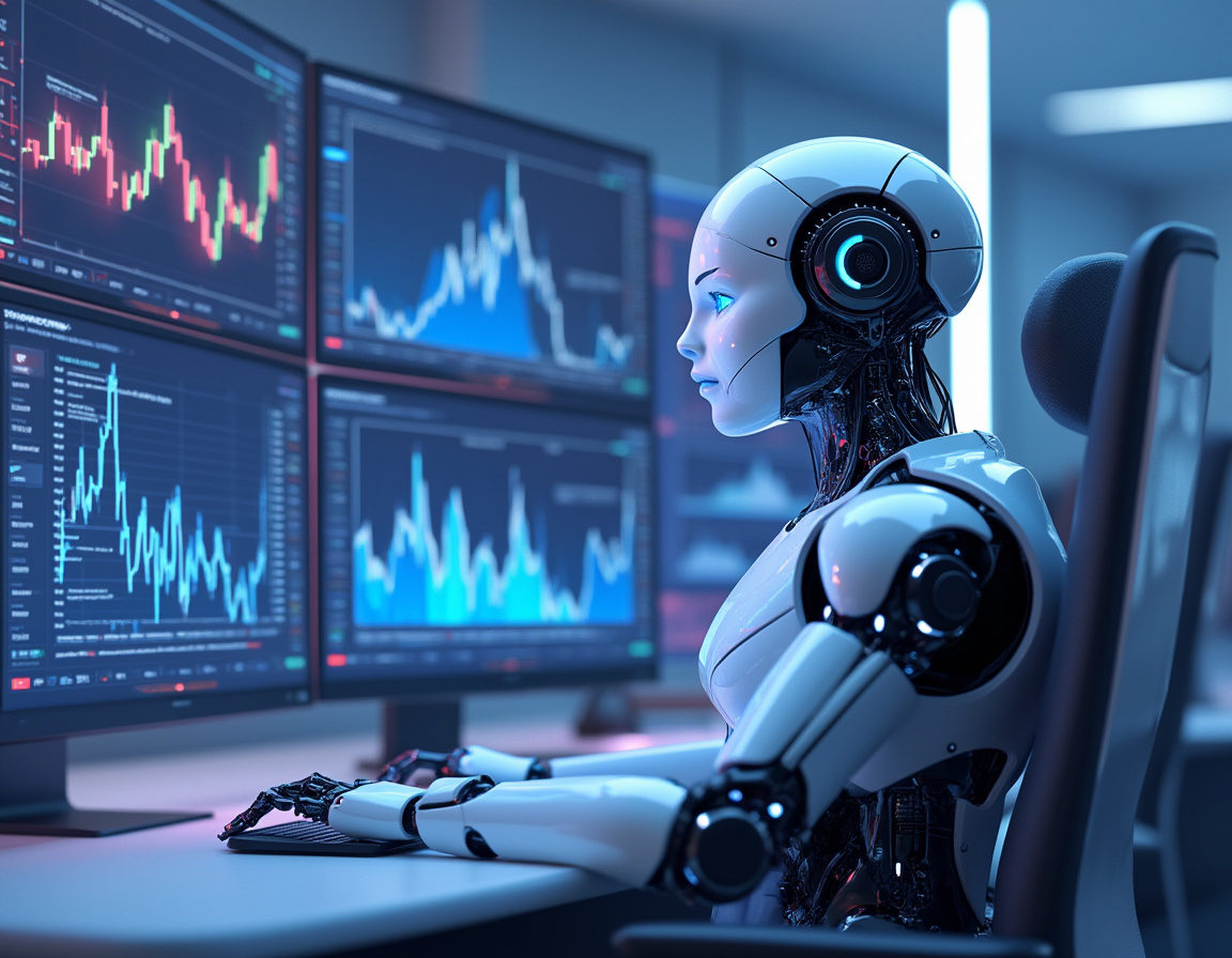 A hyper-realistic AI trading bot in a high-tech environment analyzing markets on multiple screens.