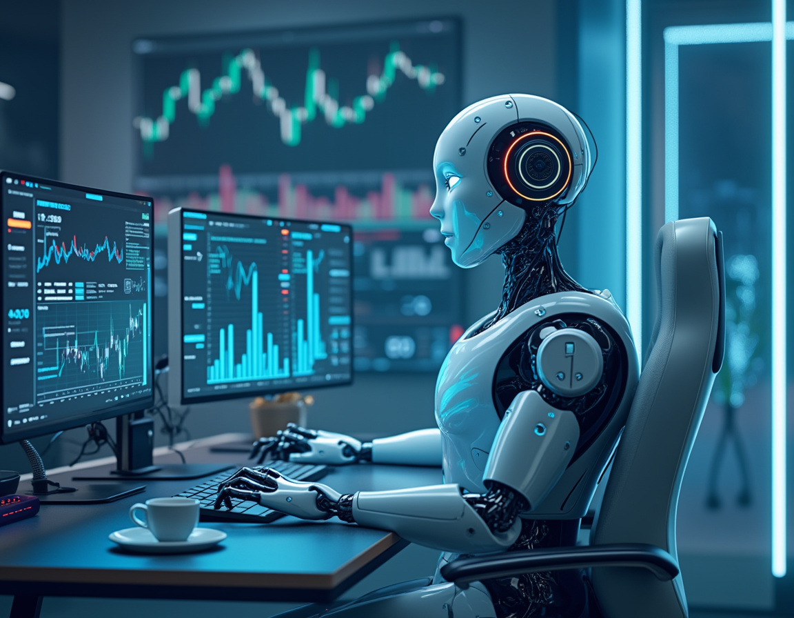 A hyper-realistic AI trading bot at a workstation, analyzing market data across multiple screens.
