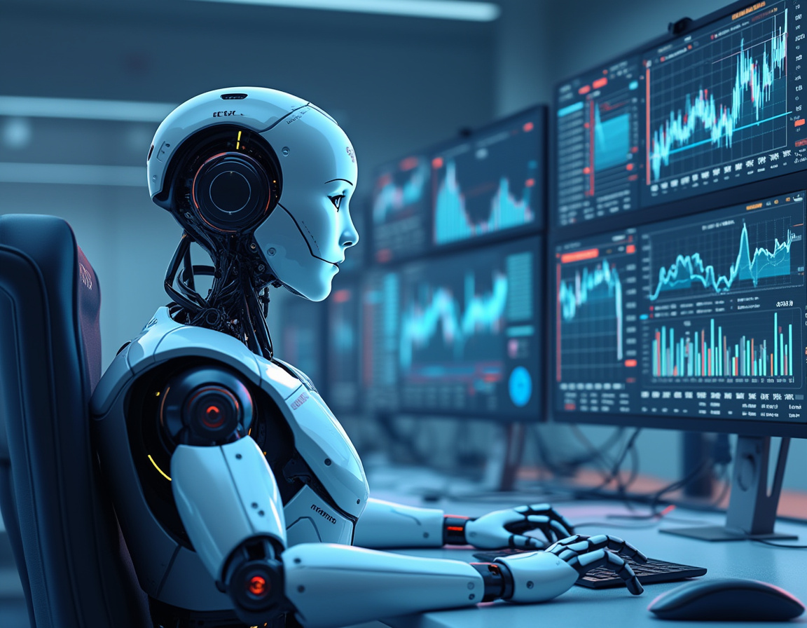 A humanoid AI trading bot at a workstation analyzing crypto and stock data on multiple screens.