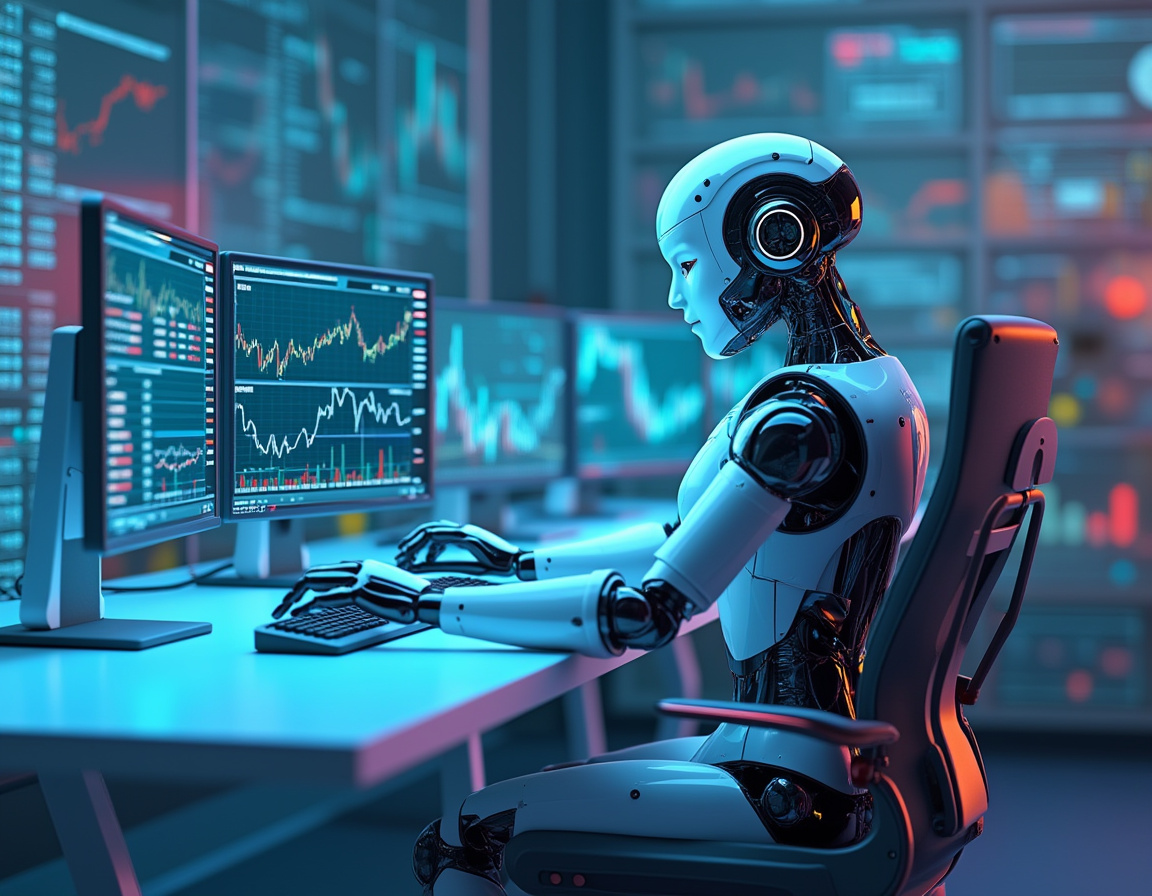 A sleek AI trading bot analyzes market data on multiple screens in a high-tech futuristic setting.