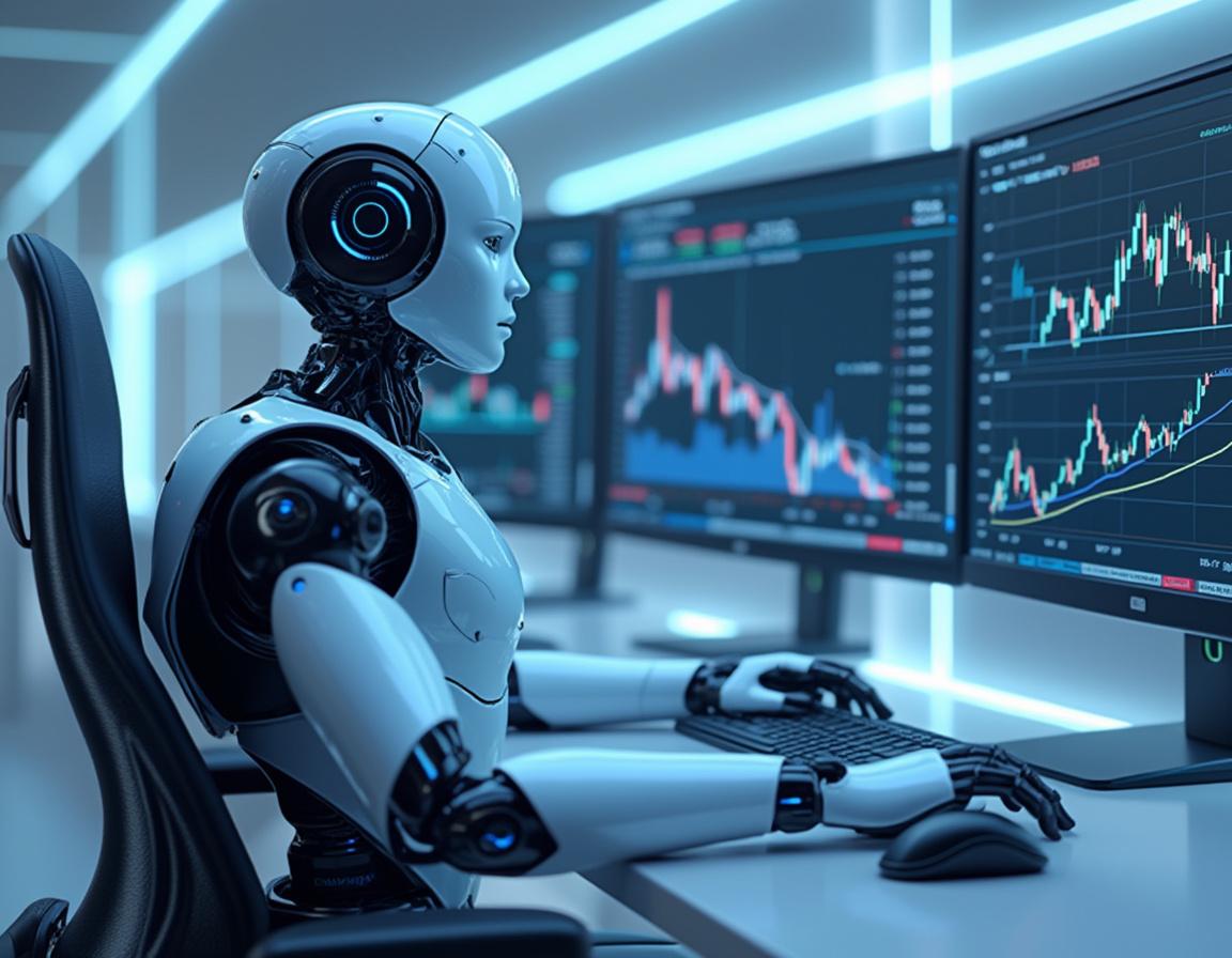 A humanoid AI trading bot analyzes market data at a futuristic workstation with multiple screens.