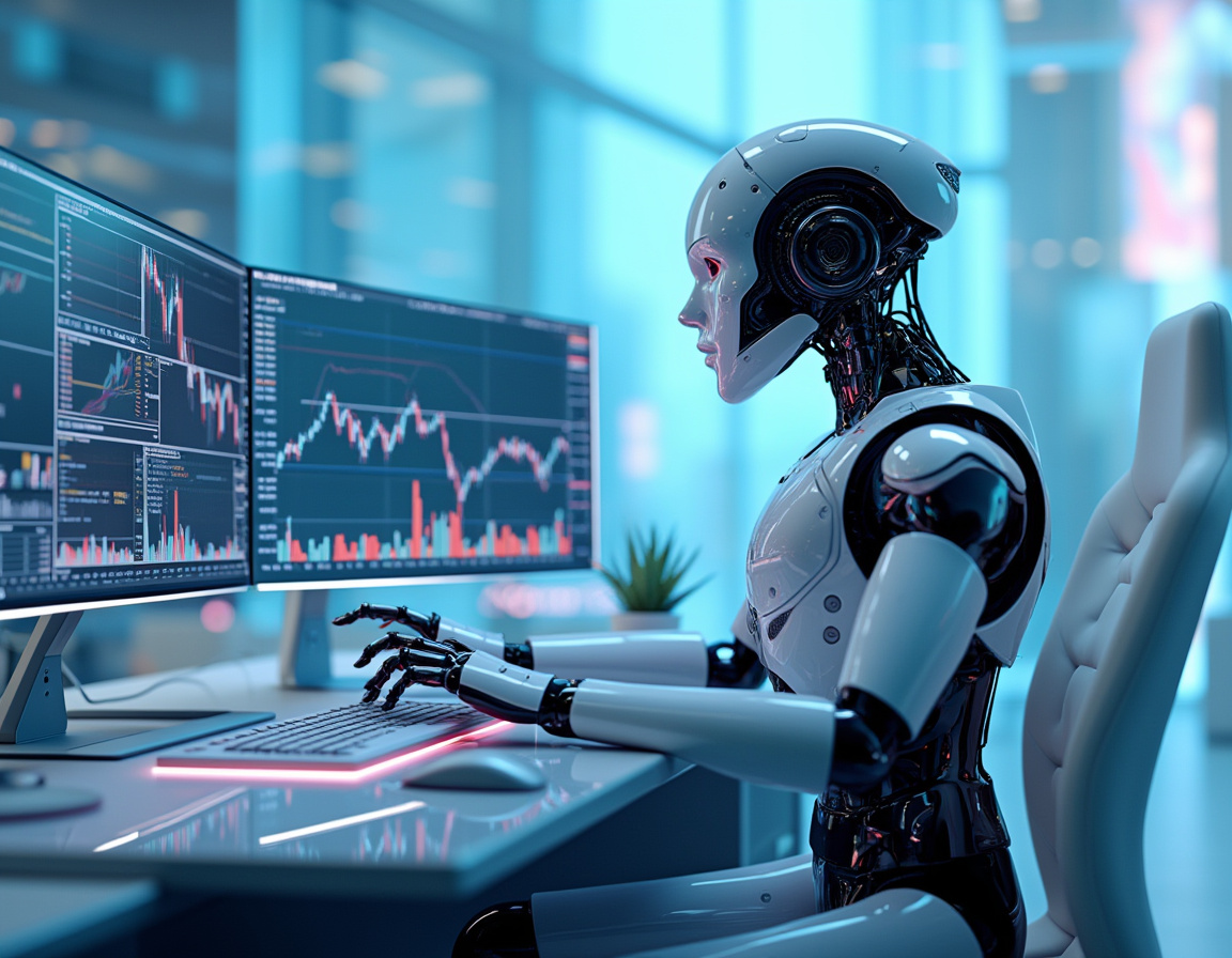 A hyper-realistic AI trading bot analyzing market data in a high-tech, futuristic workspace.