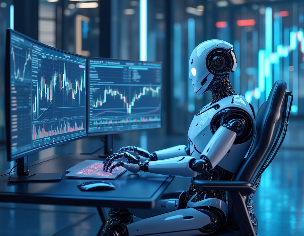 A hyper-realistic AI trading bot at a workstation, analyzing market data on multiple screens in 3D.