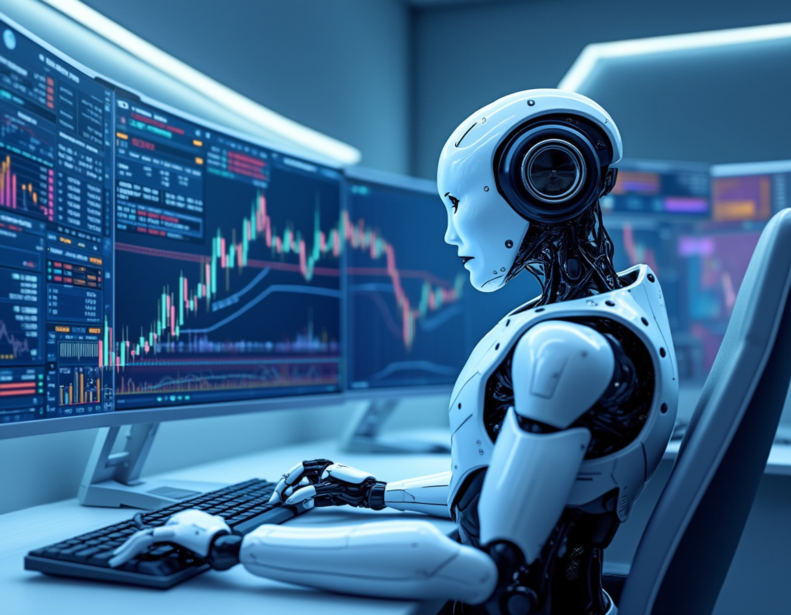 A hyper-realistic AI trading bot in a futuristic setting, analyzing market data on multiple screens.