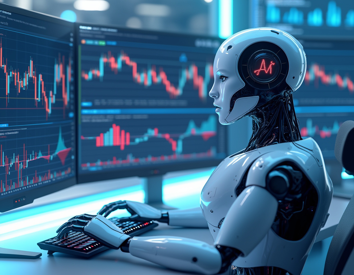 A humanoid AI trading bot analyzes market data at a futuristic workstation with vibrant screens.
