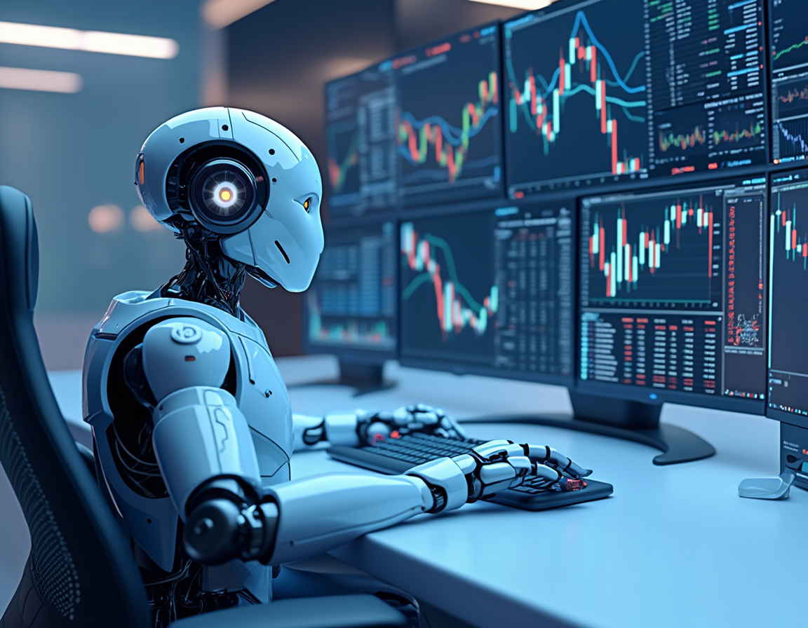 A humanoid AI trading bot at a high-tech workstation analyzing market data on multiple screens.