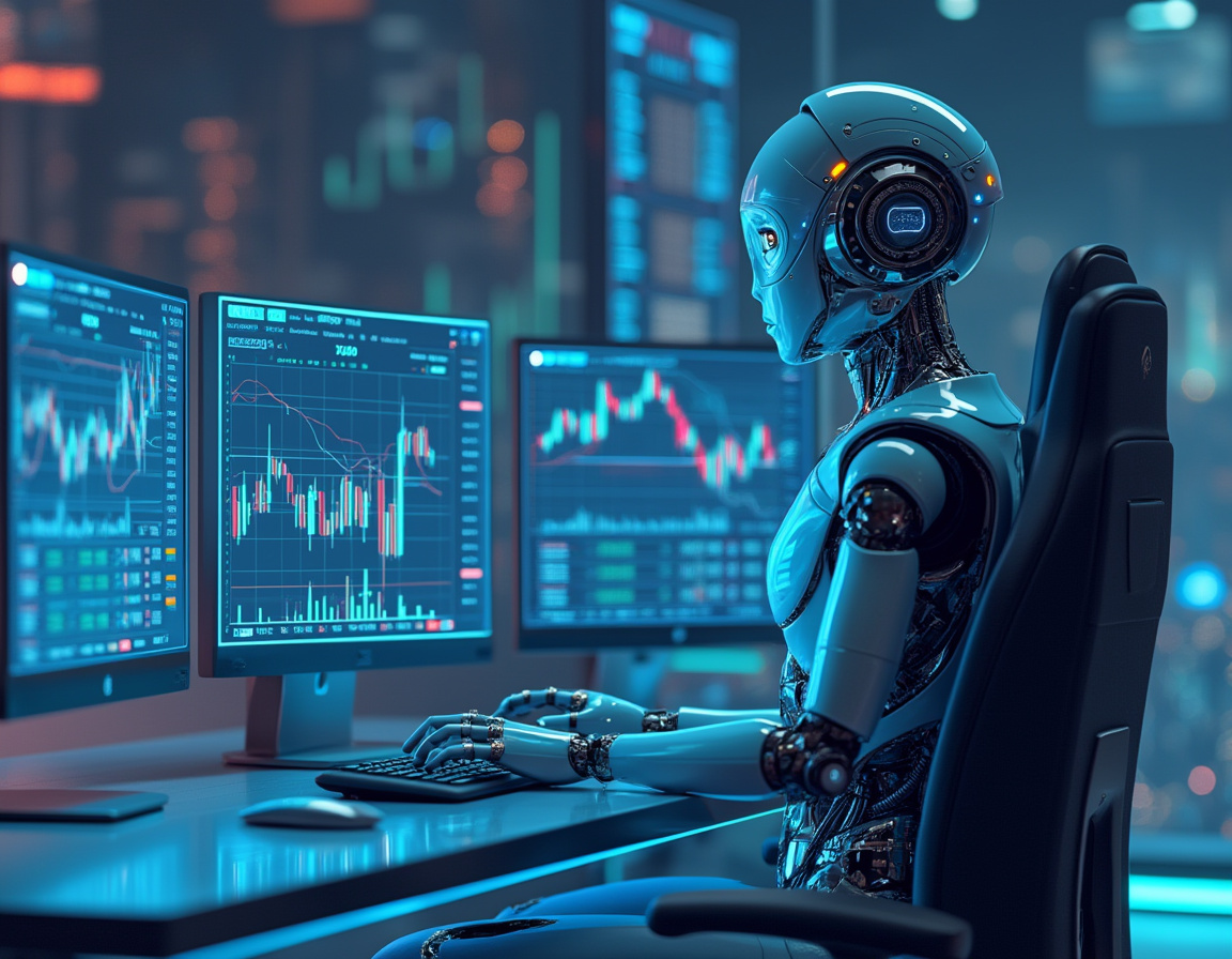 A hyper-realistic AI trading bot at a tech workstation analyzing multi-screen market data trends.